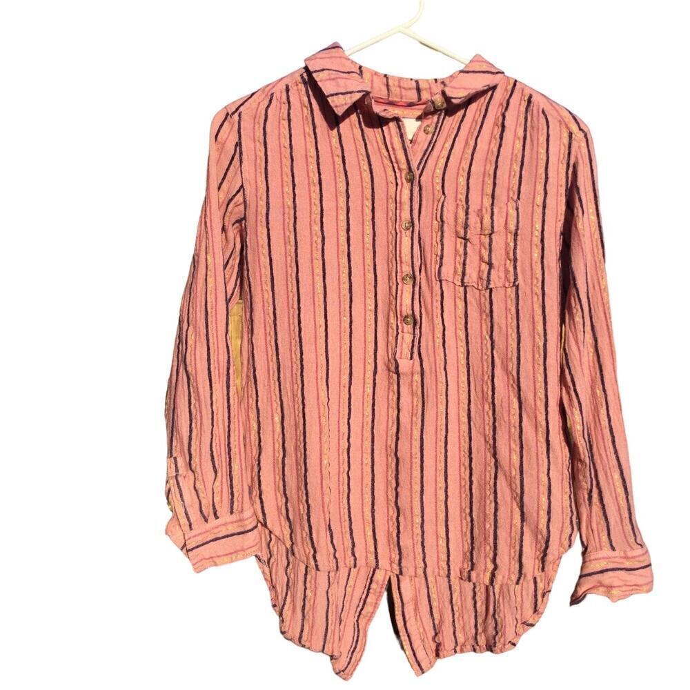 Anthropologie Womens Wool Long Sleeve Shirt Sz XS Pink Metallic Striped Oversize